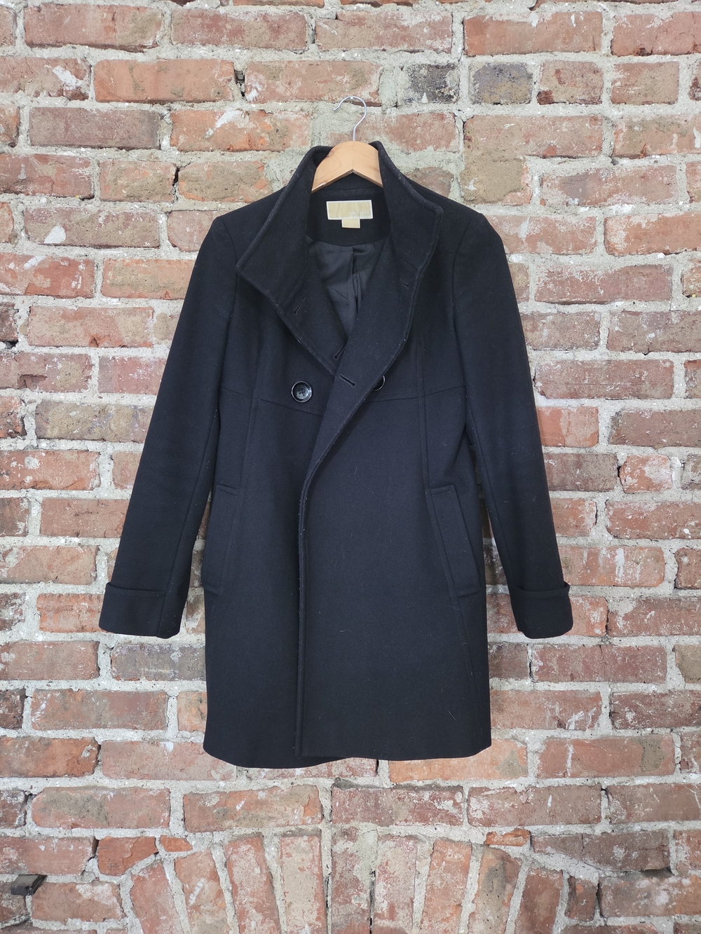 Black Wool Blend Double-Breasted Coat (80% Wool)